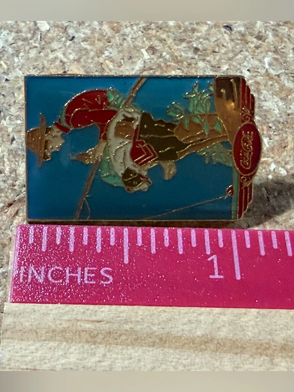 Vintage 1987 Coca-Cola Norman Rockwell Boy Fishing on Dock Enamel Lapel Hat Pin